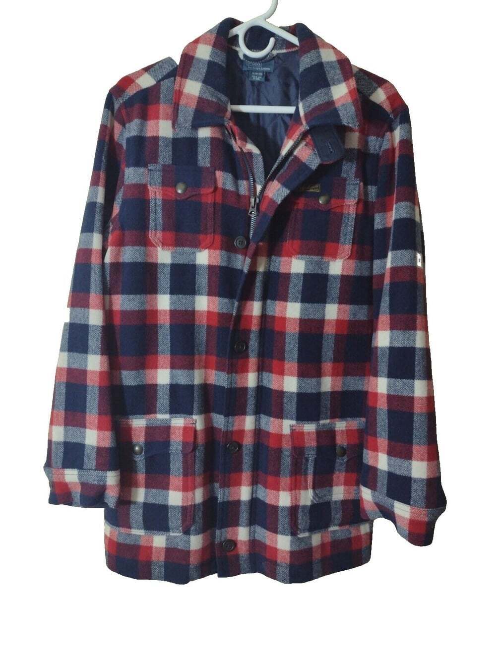Polo Ralph Lauren Plaid Wool Jacket Boys 18-20 Coat Red White Navy Perfect
